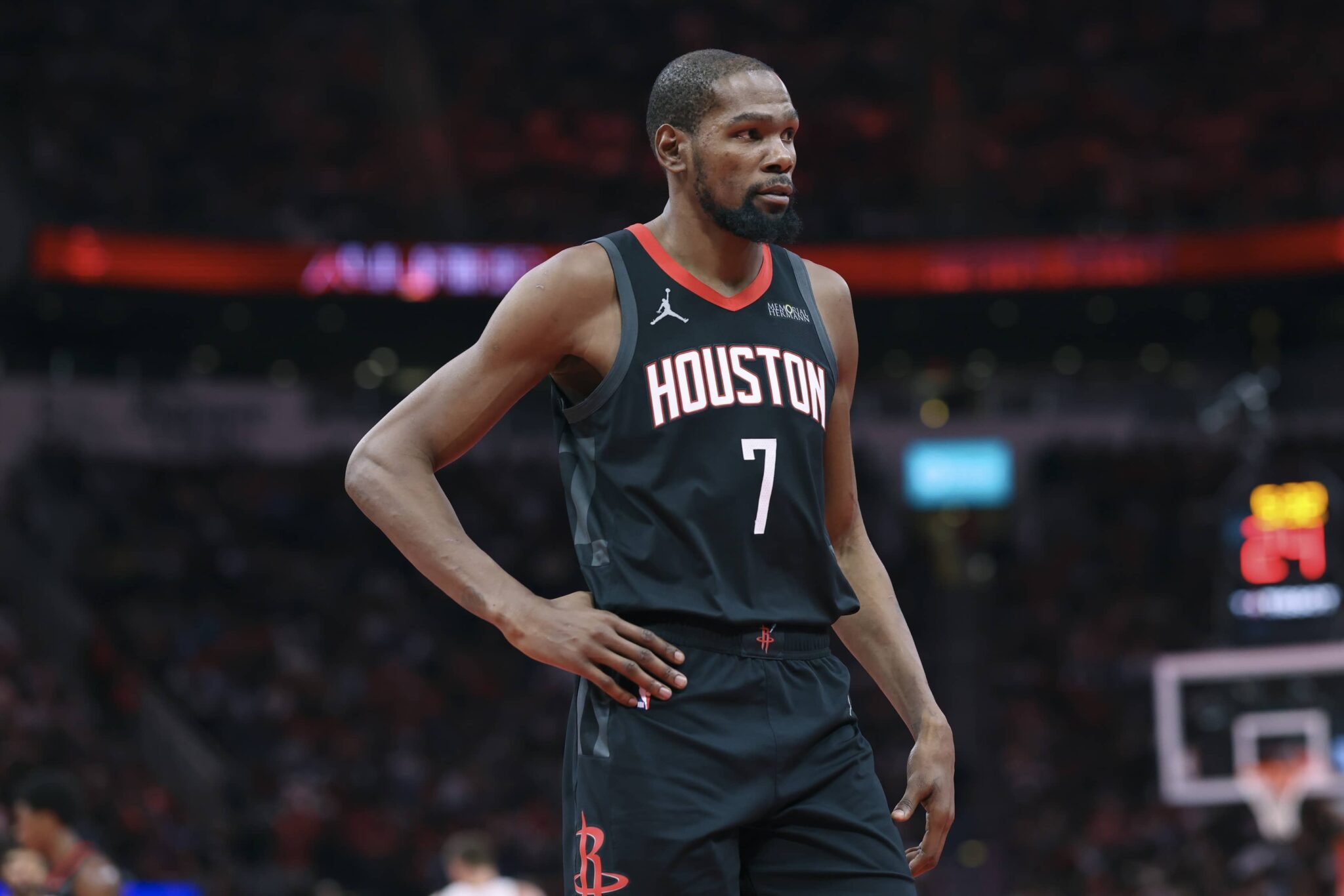 Houston Rockets forward Kevin Durant (7) reacts after a play during the fourth quarter against the Denver Nuggets at Toyota Center.