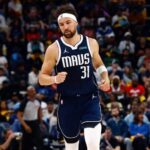 Apr 18, 2025; Memphis, Tennessee, USA; Dallas Mavericks guard Klay Thompson (31) reacts during the third quarter against the Memphis Grizzlies at FedExForum. Mandatory Credit: Petre Thomas-Imagn Images