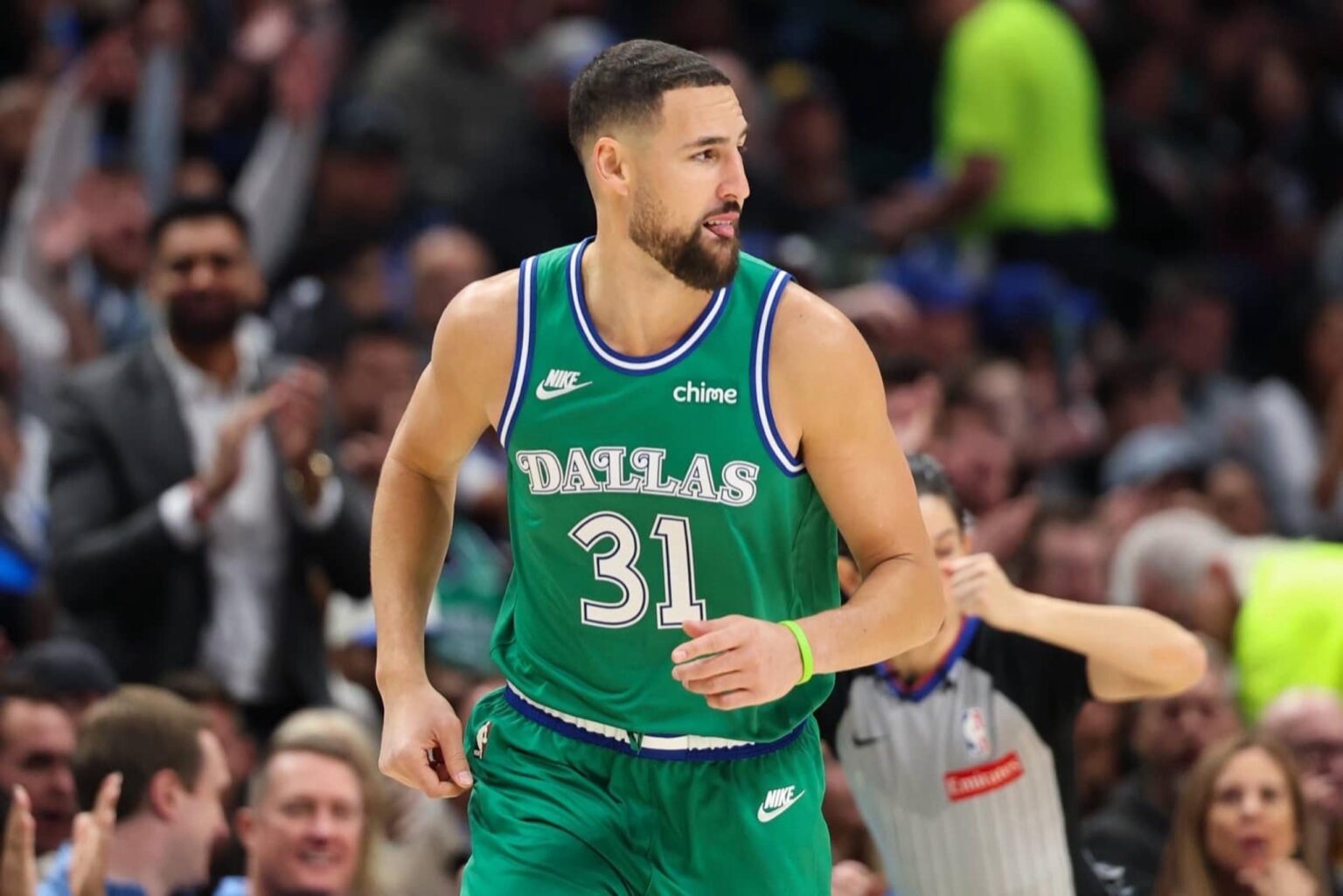 Nov 10, 2025; Dallas, Texas, USA; Dallas Mavericks guard Klay Thompson (31) reacts after scoring during the first quarter against the Milwaukee Bucks at American Airlines Center. Mandatory Credit: Kevin Jairaj-Imagn Images