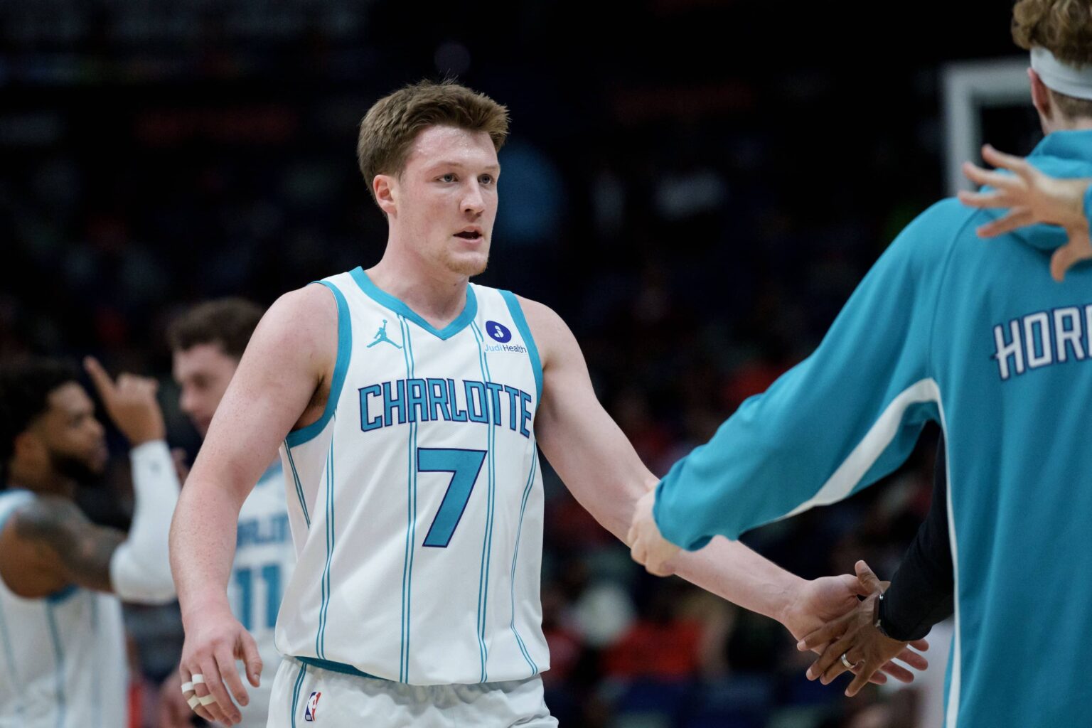 Charlotte Hornets guard Kon Knueppel (7) reacts after a three point basket during the first half against the New Orleans Pelicans at Smoothie King Center.