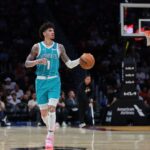 Oct 28, 2025; Miami, Florida, USA; Charlotte Hornets guard Lamelo Ball (1) dribbles the basketball against the Miami Heat during the second quarter at Kaseya Center. Mandatory Credit: Sam Navarro-Imagn Images