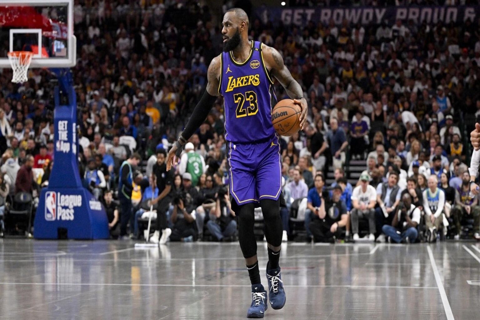 Apr 9, 2025; Dallas, Texas, USA; Los Angeles Lakers forward LeBron James (23) in action during the game between the Dallas Mavericks and the Los Angeles Lakers at American Airlines Center. Mandatory Credit: Jerome Miron-Imagn Images
