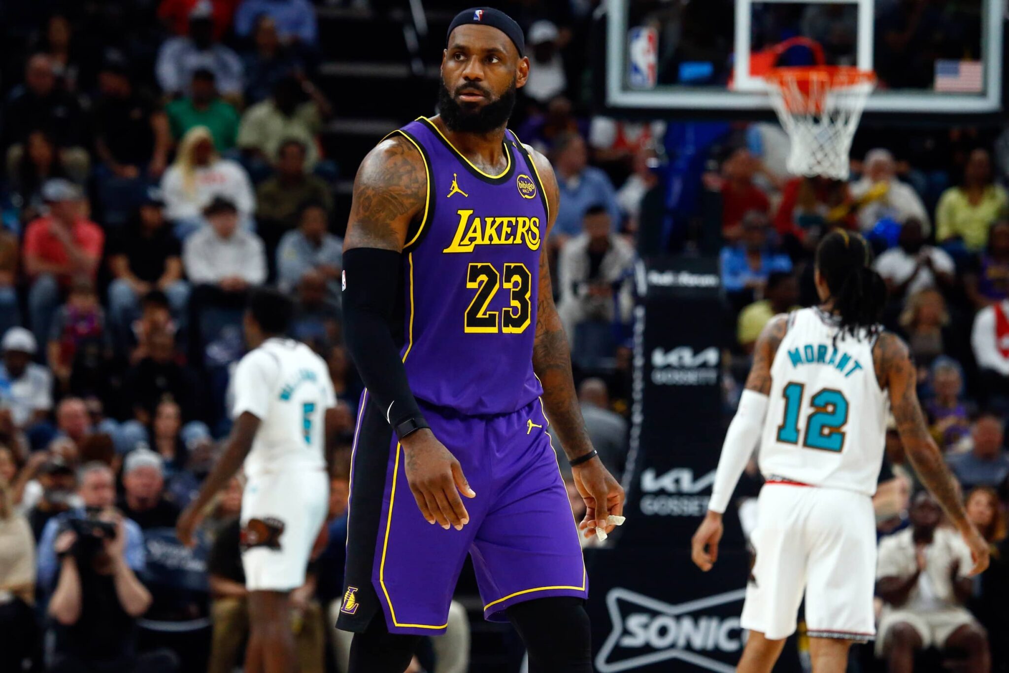 Los Angeles Lakers forward LeBron James (23) looks on during the fourth quarter against the Memphis Grizzlies at FedExForum.