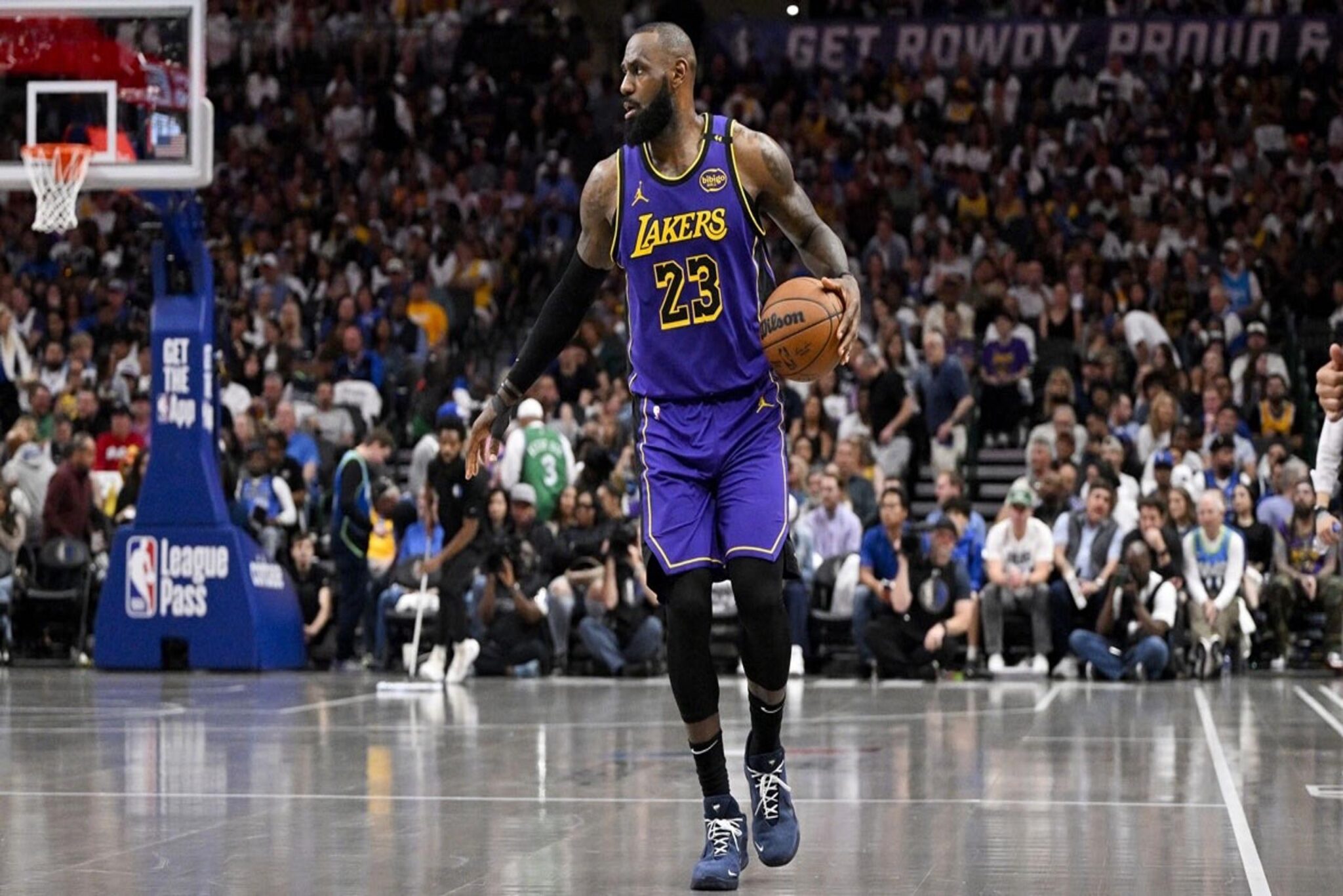 Apr 9, 2025; Dallas, Texas, USA; Los Angeles Lakers forward LeBron James (23) in action during the game between the Dallas Mavericks and the Los Angeles Lakers at American Airlines Center. Mandatory Credit: Jerome Miron-Imagn Images