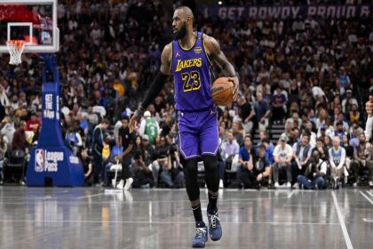 Apr 9, 2025; Dallas, Texas, USA; Los Angeles Lakers forward LeBron James (23) in action during the game between the Dallas Mavericks and the Los Angeles Lakers at American Airlines Center. Mandatory Credit: Jerome Miron-Imagn Images
