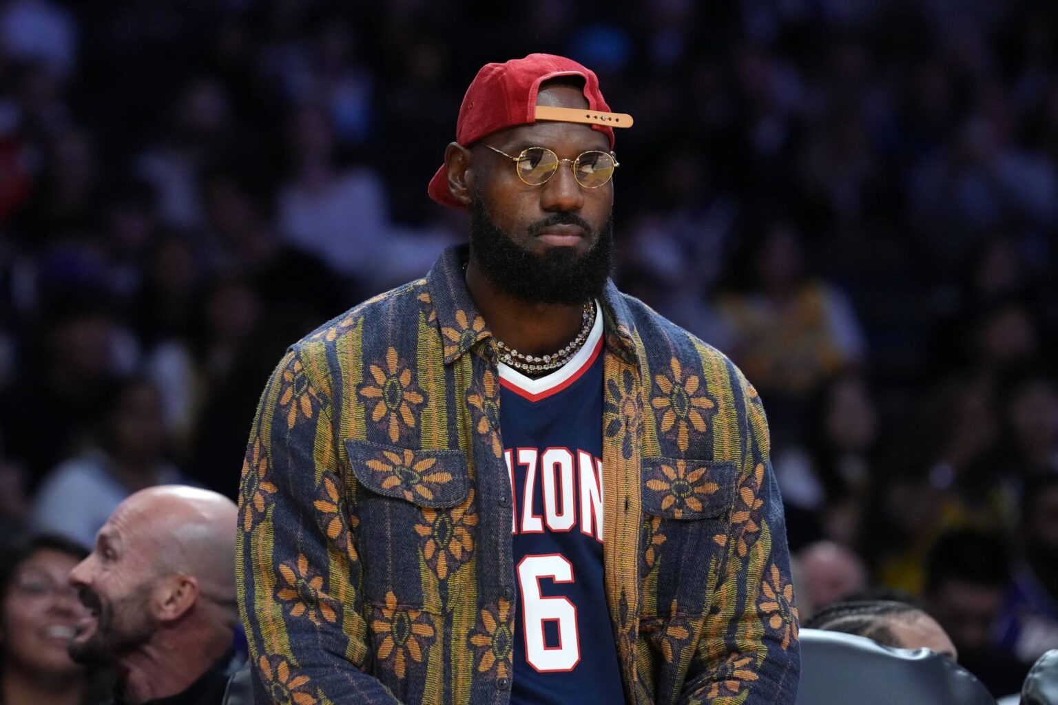 Los Angeles Lakers forward LeBron James wears the Arizona Wildcats jersey of his son Bryce James (6) during the game against the Minnesota Timberwolves at Crypto.com Arena.