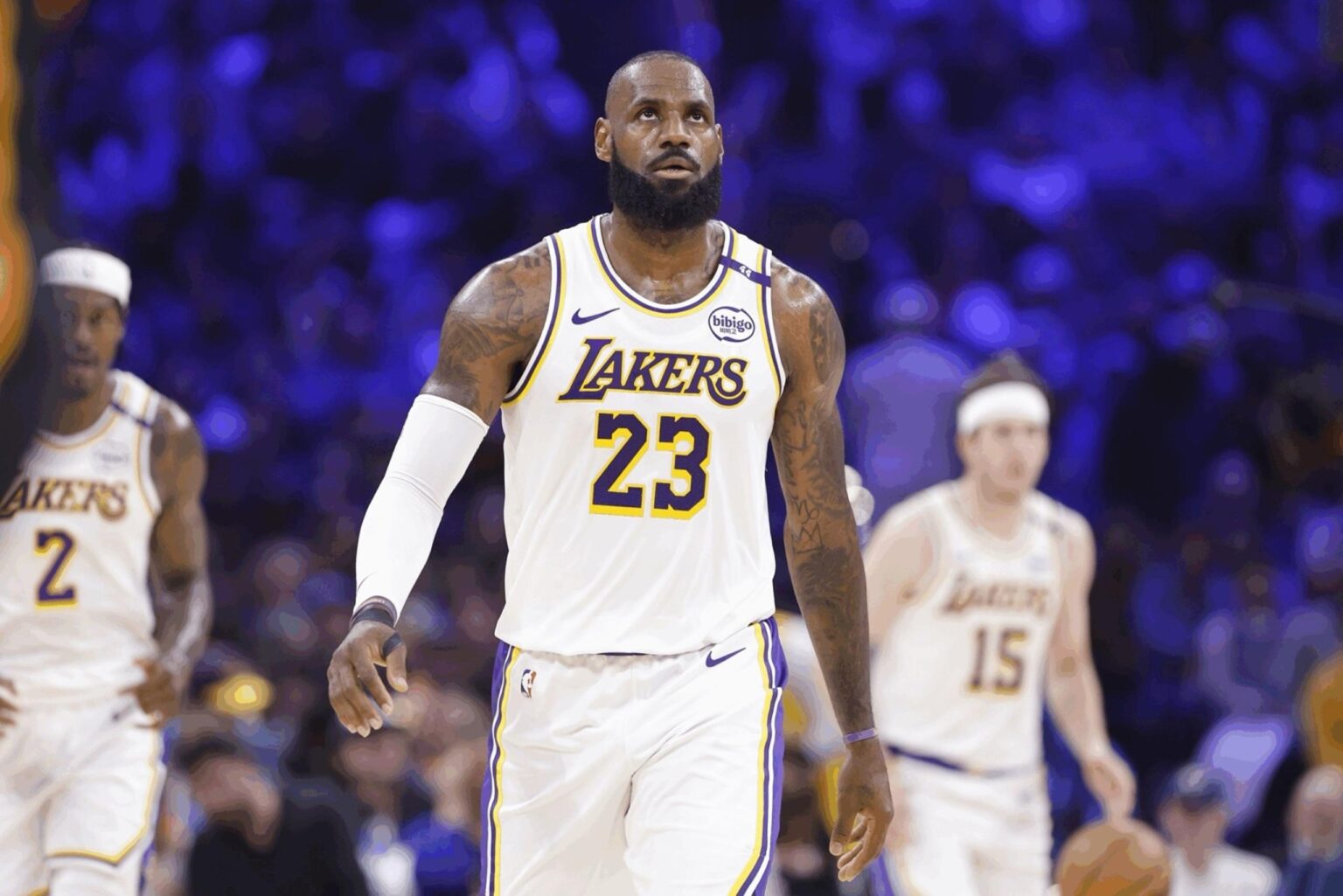 Apr 6, 2025; Oklahoma City, Oklahoma, USA; Los Angeles Lakers forward LeBron James (23) walks down the court after a play against the Oklahoma City Thunder during the second quarter at Paycom Center. Mandatory Credit: Alonzo Adams-Imagn Images
