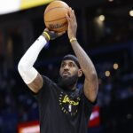 Apr 8, 2025; Oklahoma City, Oklahoma, USA; Los Angeles Lakers forward LeBron James warms up before the start of a game against the Oklahoma City Thunder at Paycom Center. Mandatory Credit: Alonzo Adams-Imagn Images