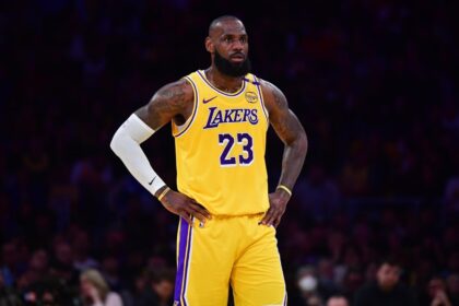 Apr 30, 2025; Los Angeles, California, USA; Los Angeles Lakers forward LeBron James (23) reacts during the first half in game five of first round for the 2025 NBA Playoffs at Crypto.com Arena. Mandatory Credit: Gary A. Vasquez-Imagn Images
