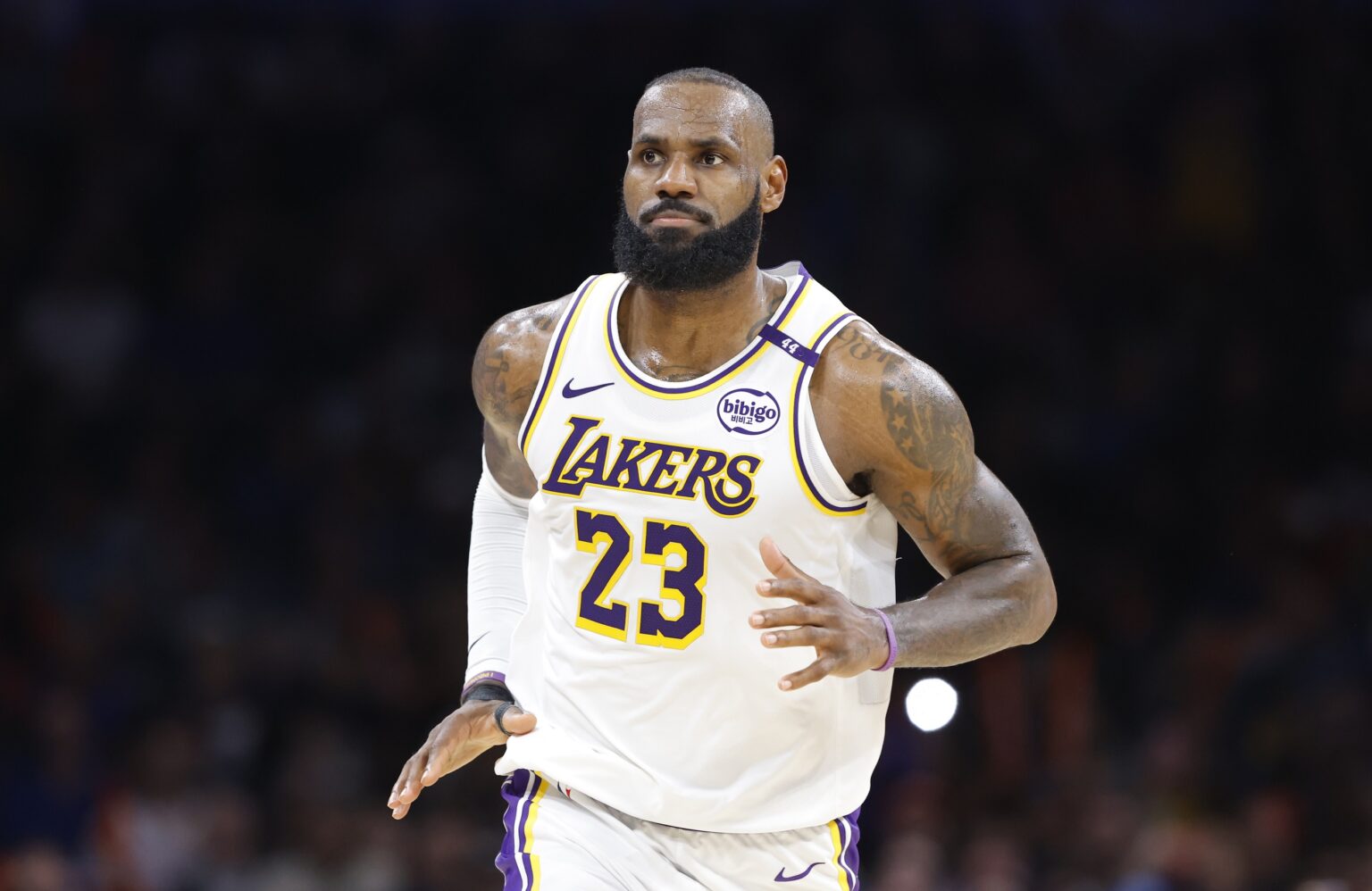 Los Angeles Lakers forward LeBron James (23) reacts after scoring against the Oklahoma City Thunder during the second half at Paycom Center.