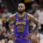 Apr 9, 2025; Dallas, Texas, USA; Los Angeles Lakers forward LeBron James (23) during the game between the Dallas Mavericks and the Los Angeles Lakers at American Airlines Center. Mandatory Credit: Jerome Miron-Imagn Images