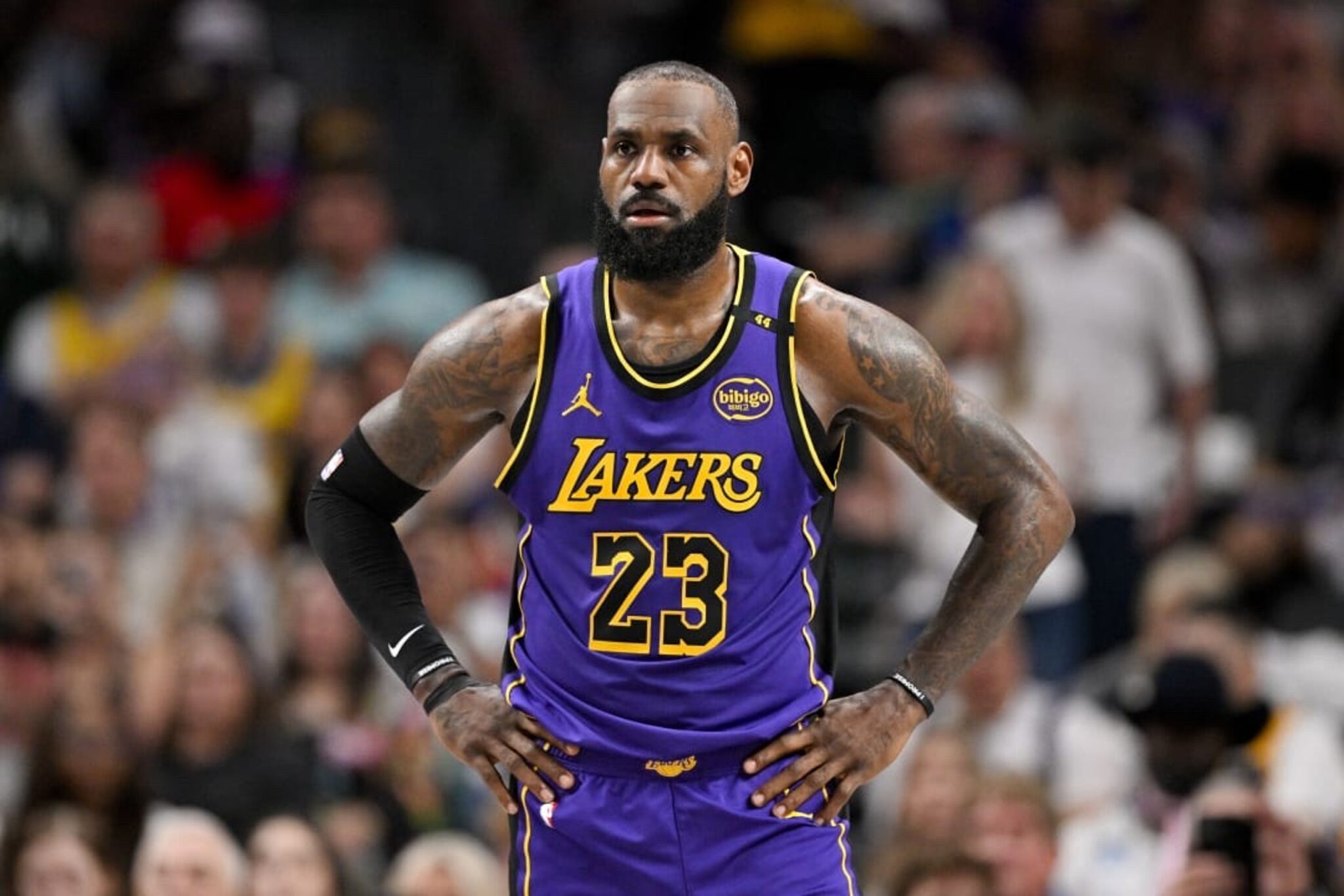 Apr 9, 2025; Dallas, Texas, USA; Los Angeles Lakers forward LeBron James (23) during the game between the Dallas Mavericks and the Los Angeles Lakers at American Airlines Center. Mandatory Credit: Jerome Miron-Imagn Images