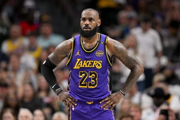 Apr 9, 2025; Dallas, Texas, USA; Los Angeles Lakers forward LeBron James (23) during the game between the Dallas Mavericks and the Los Angeles Lakers at American Airlines Center. Mandatory Credit: Jerome Miron-Imagn Images