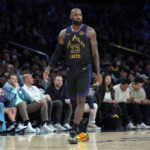 Nov 18, 2025; Los Angeles, California, USA; Los Angeles Lakers forward LeBron James (23) reacts against the Utah Jazz in the fourth quarter at Crypto.com Arena. Mandatory Credit: Kirby Lee-Imagn Images