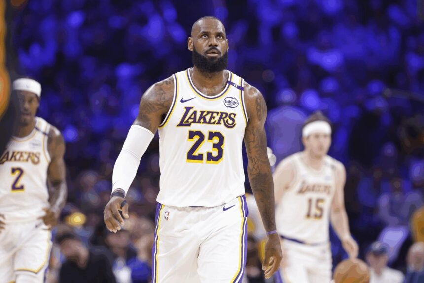 Apr 6, 2025; Oklahoma City, Oklahoma, USA; Los Angeles Lakers forward LeBron James (23) walks down the court after a play against the Oklahoma City Thunder during the second quarter at Paycom Center. Mandatory Credit: Alonzo Adams-Imagn Images