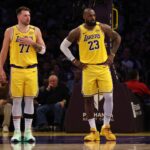 Los Angeles Lakers guard Luka Doncic (77) and forward LeBron James (23) during the second quarter against the Minnesota Timberwolves at Crypto.com Arena.