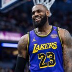 Los Angeles Lakers forward LeBron James (23) reacts in the second half against the Indiana Pacers at Gainbridge Fieldhouse.