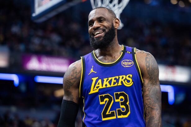 Los Angeles Lakers forward LeBron James (23) reacts in the second half against the Indiana Pacers at Gainbridge Fieldhouse.
