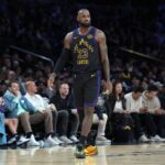 Los Angeles Lakers forward LeBron James (23) reacts against the Utah Jazz in the fourth quarter at Crypto.com Arena.