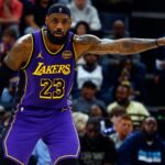 Mar 29, 2025; Memphis, Tennessee, USA; Los Angeles Lakers forward LeBron James (23) reacts during the second quarter against the Memphis Grizzlies at FedExForum. Mandatory Credit: Petre Thomas-Imagn Images