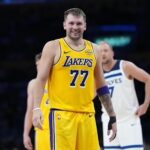 Oct 24, 2025; Los Angeles, California, USA; Los Angeles Lakers guard Luka Doncic (77) reacts in the second half against the Minnesota Timberwolves at Crypto.com Arena. Mandatory Credit: Kirby Lee-Imagn Images