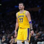 Oct 24, 2025; Los Angeles, California, USA; Los Angeles Lakers guard Luka Doncic (77) reacts in the second half against the Minnesota Timberwolves at Crypto.com Arena. Mandatory Credit: Kirby Lee-Imagn Images