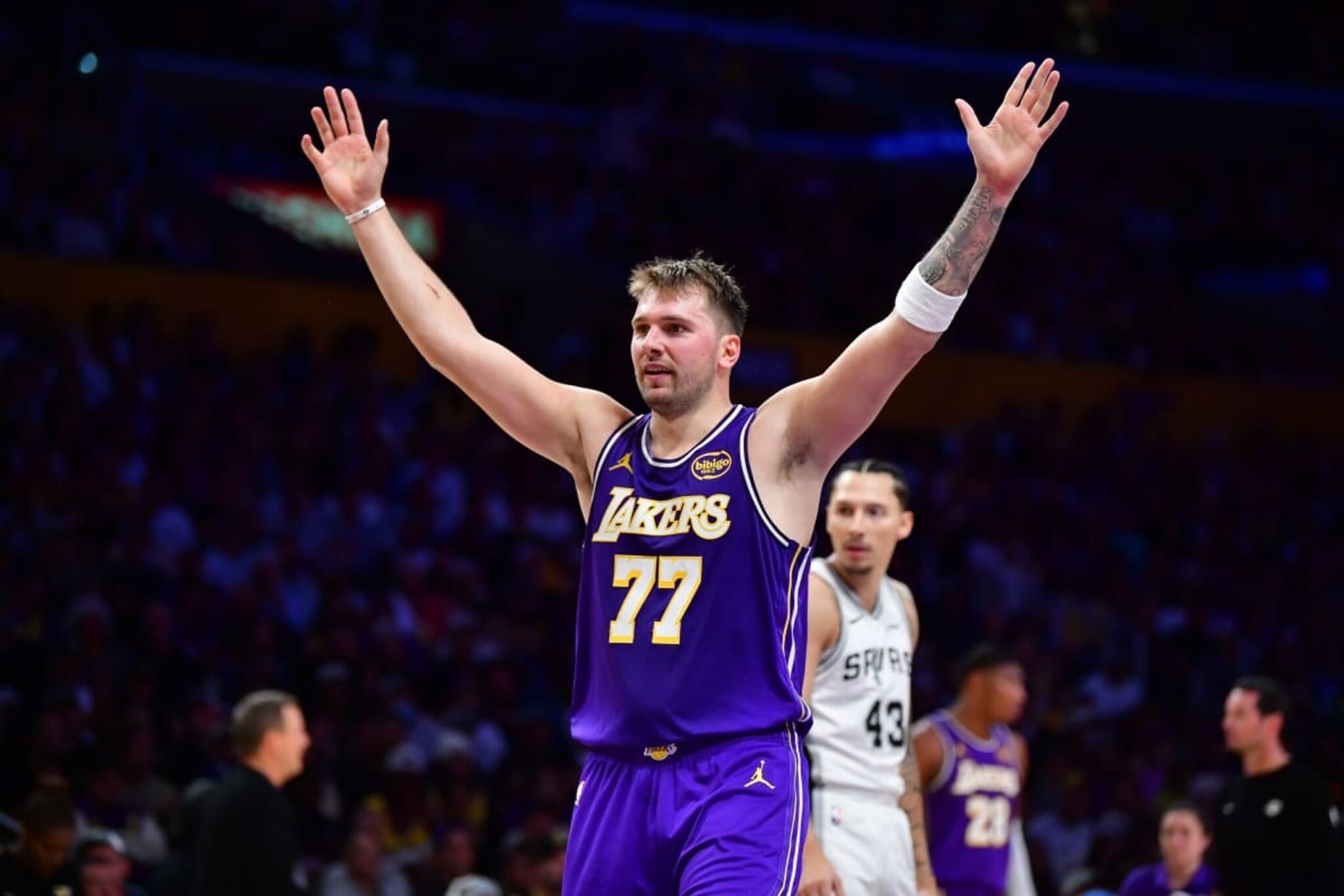Nov 5, 2025; Los Angeles, California, USA; Los Angeles Lakers guard Luka Doncic (77) reacts after scoring a basket against the San Antonio Spurs during the first half at Crypto.com Arena. Mandatory Credit: Gary A. Vasquez-Imagn Images