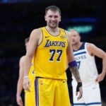 Los Angeles Lakers guard Luka Doncic (77) reacts in the second half against the Minnesota Timberwolves at Crypto.com Arena.