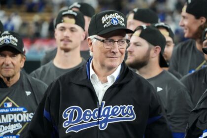 Oct 17, 2025; Los Angeles, California, USA; Los Angeles Dodgers owner Mark Walter reacts after game four of the NLCS round for the 2025 MLB playoffs against the Milwaukee Brewers at Dodger Stadium. Mandatory Credit: Kirby Lee-Imagn Images