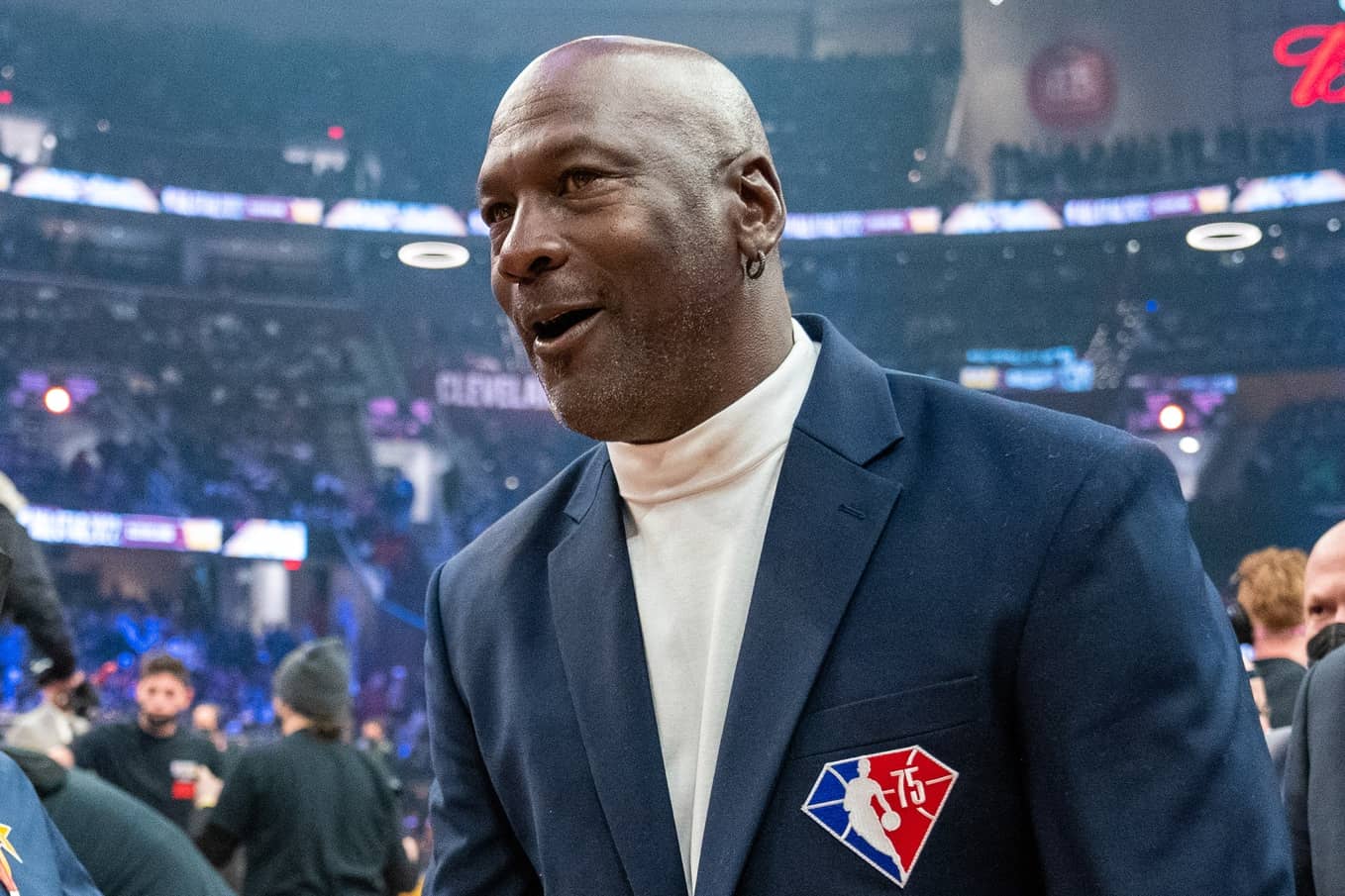 NBA great Michael Jordan is honored for being selected to the NBA 75th Anniversary Team during halftime in the 2022 NBA All-Star Game at Rocket Mortgage FieldHouse.