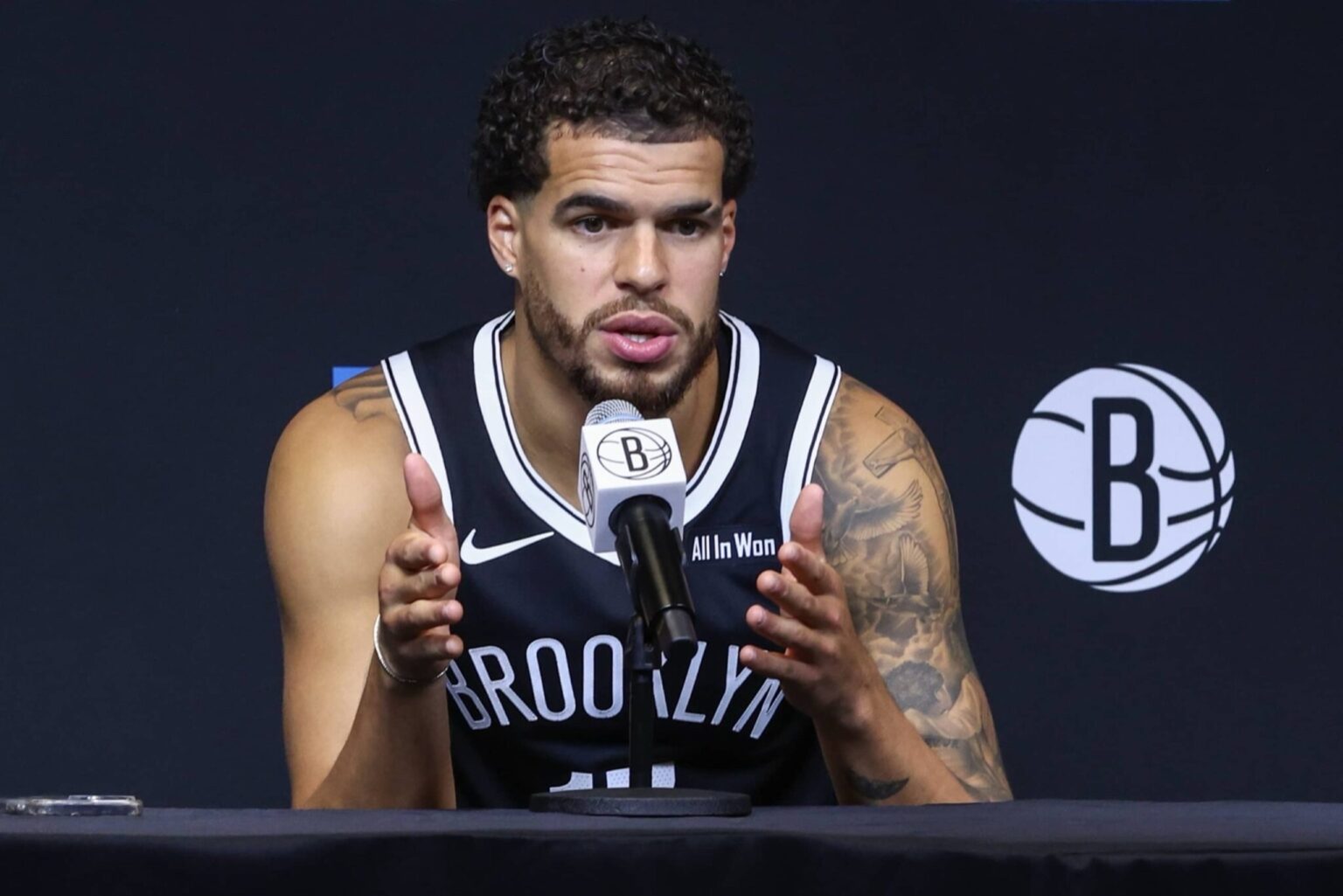 Sep 23, 2025; Brooklyn, NY, USA; Brooklyn Nets forward Michael Porter Jr. (17) speaks at Media Day. Mandatory Credit: Wendell Cruz-Imagn Images