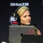 Michelle Beadle on the Sirius XM Mad Dog Sports radio set at the Super Bowl 58 media center at the Mandalay Bay resort and casino.