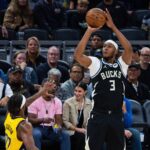 Milwaukee Bucks center/forward Myles Turner (3) shoots against Indiana Pacers forward Isaiah Jackson (22) in the first half at Gainbridge Fieldhouse.
