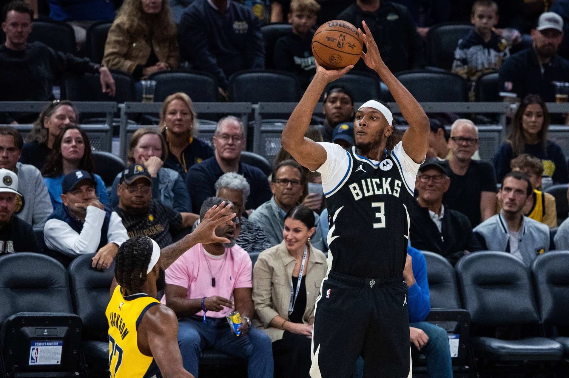Milwaukee Bucks center/forward Myles Turner (3) shoots against Indiana Pacers forward Isaiah Jackson (22) in the first half at Gainbridge Fieldhouse.