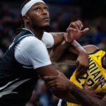 Milwaukee Bucks center/forward Myles Turner (3) and Indiana Pacers forward Isaiah Jackson (22) fight for position in the first half at Gainbridge Fieldhouse.