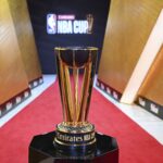 The Emirates NBA Cup on the Emirates NBA Cup red carpet before the championship game between the Milwaukee Bucks and the Oklahoma City Thunder at T-Mobile Arena.