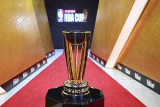 The Emirates NBA Cup on the Emirates NBA Cup red carpet before the championship game between the Milwaukee Bucks and the Oklahoma City Thunder at T-Mobile Arena.