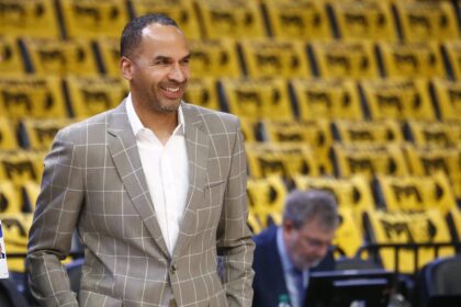 Apr 18, 2025; Memphis, Tennessee, USA; Dallas Mavericks general manager Nico Harrison watches warm ups prior to a game against the Memphis Grizzlies at FedExForum. Mandatory Credit: Petre Thomas-Imagn Images