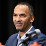 Dallas Mavericks general manager Nico Harrison speaks to the media at the Dallas Mavericks Practice Facility.