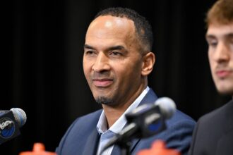 Dallas Mavericks general manager Nico Harrison speaks to the media at the Dallas Mavericks Practice Facility.