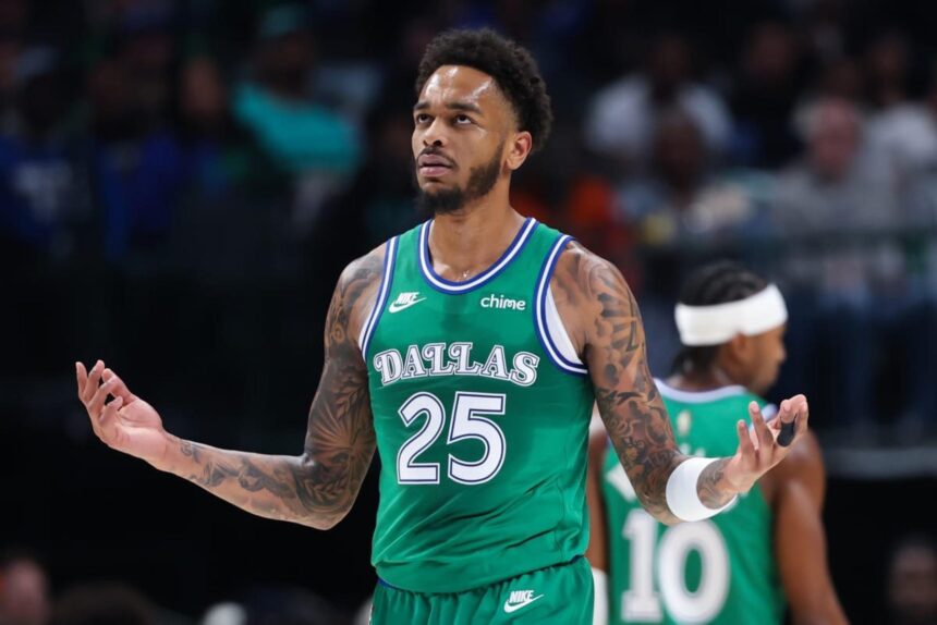 Nov 10, 2025; Dallas, Texas, USA; Dallas Mavericks forward P.J. Washington (25) reacts against the Milwaukee Bucks during the first quarter at American Airlines Center. Mandatory Credit: Kevin Jairaj-Imagn Images