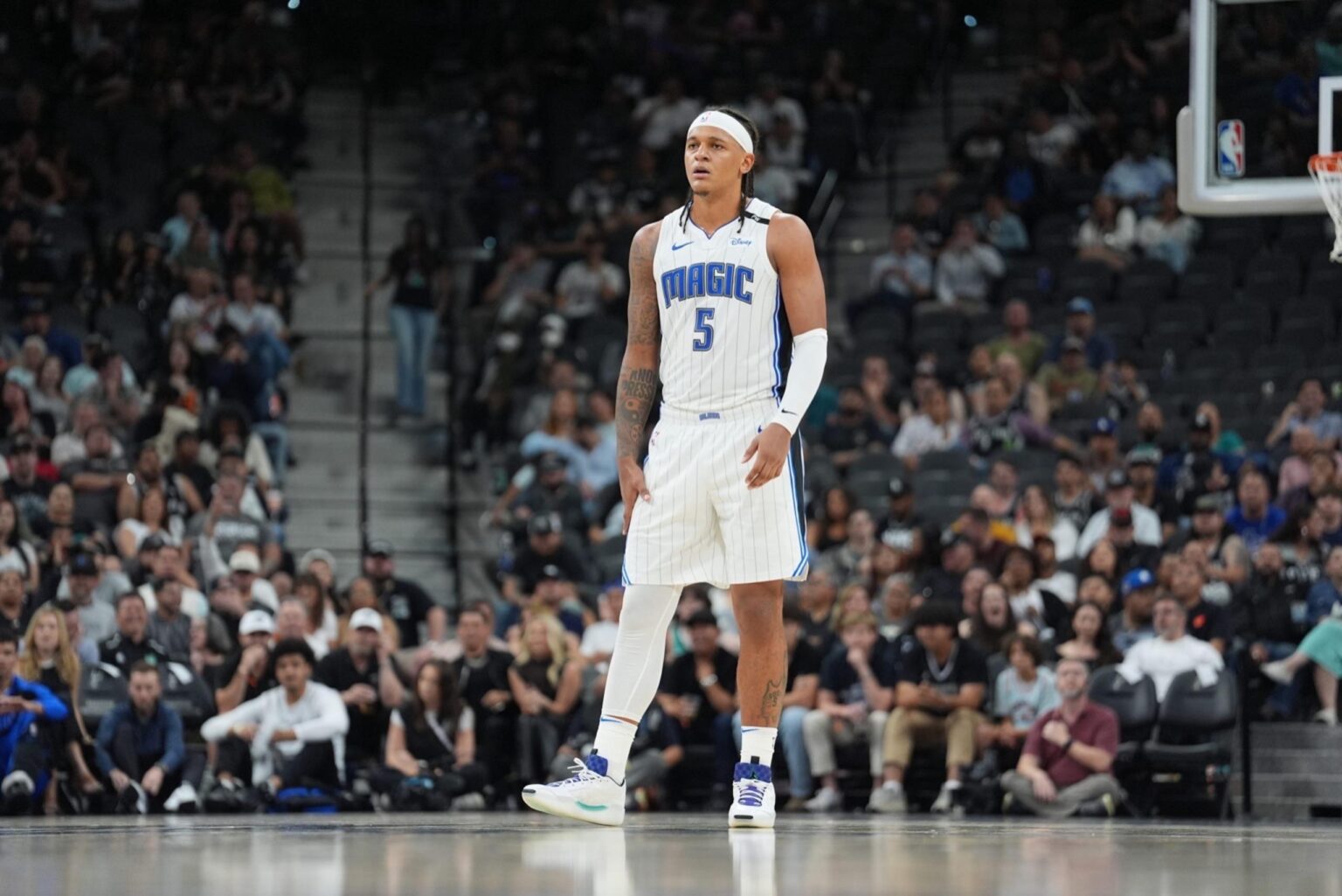 Apr 1, 2025; San Antonio, Texas, USA; Orlando Magic forward Paolo Banchero (5) looks on in the second half against the San Antonio Spurs at Frost Bank Center. Mandatory Credit: Daniel Dunn-Imagn Images