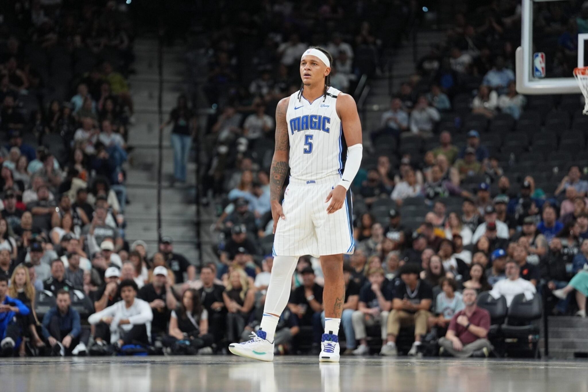 Apr 1, 2025; San Antonio, Texas, USA; Orlando Magic forward Paolo Banchero (5) looks on in the second half against the San Antonio Spurs at Frost Bank Center. Mandatory Credit: Daniel Dunn-Imagn Images