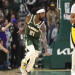 Apr 30, 2024; Milwaukee, Wisconsin, USA; Milwaukee Bucks guard Patrick Beverley (21) celebrates after scoring a basket during the second quarter against the Indiana Pacers during game five of the first round for the 2024 NBA playoffs at Fiserv Forum. Mandatory Credit: Jeff Hanisch-Imagn Images