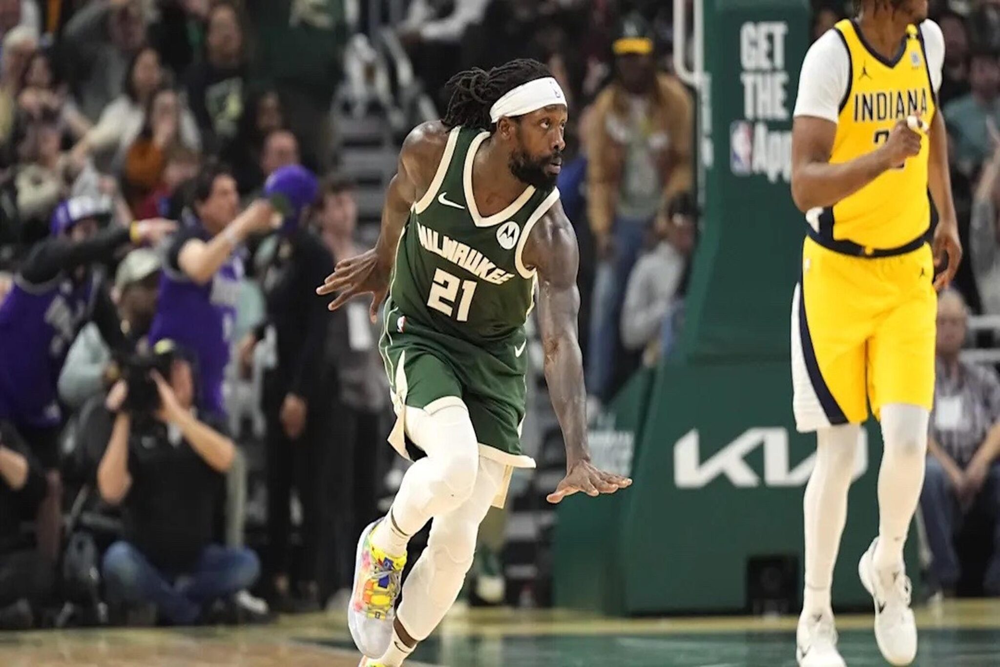 Apr 30, 2024; Milwaukee, Wisconsin, USA; Milwaukee Bucks guard Patrick Beverley (21) celebrates after scoring a basket during the second quarter against the Indiana Pacers during game five of the first round for the 2024 NBA playoffs at Fiserv Forum. Mandatory Credit: Jeff Hanisch-Imagn Images