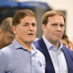 Dallas Mavericks minority owner Mark Cuban (left) and Mavericks governor Patrick Dumont (right) looks on a press conference at the Dallas Mavericks Practice Facility.
