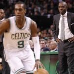 Atlanta Hawks head coach Larry Drew (right) and Boston Celtics head coach Doc Rivers (left) watch as Celtics point guard Rajon Rondo (9) drives the ball in the second half at the TD Banknorth Garden. The Celtics defeated the Atlanta Hawks 88-86 in overtime.