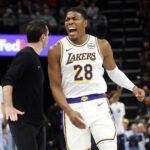Los Angeles Lakers forward Rui Hachimura (28) reacts during the fourth quarter against the Memphis Grizzlies at FedExForum.