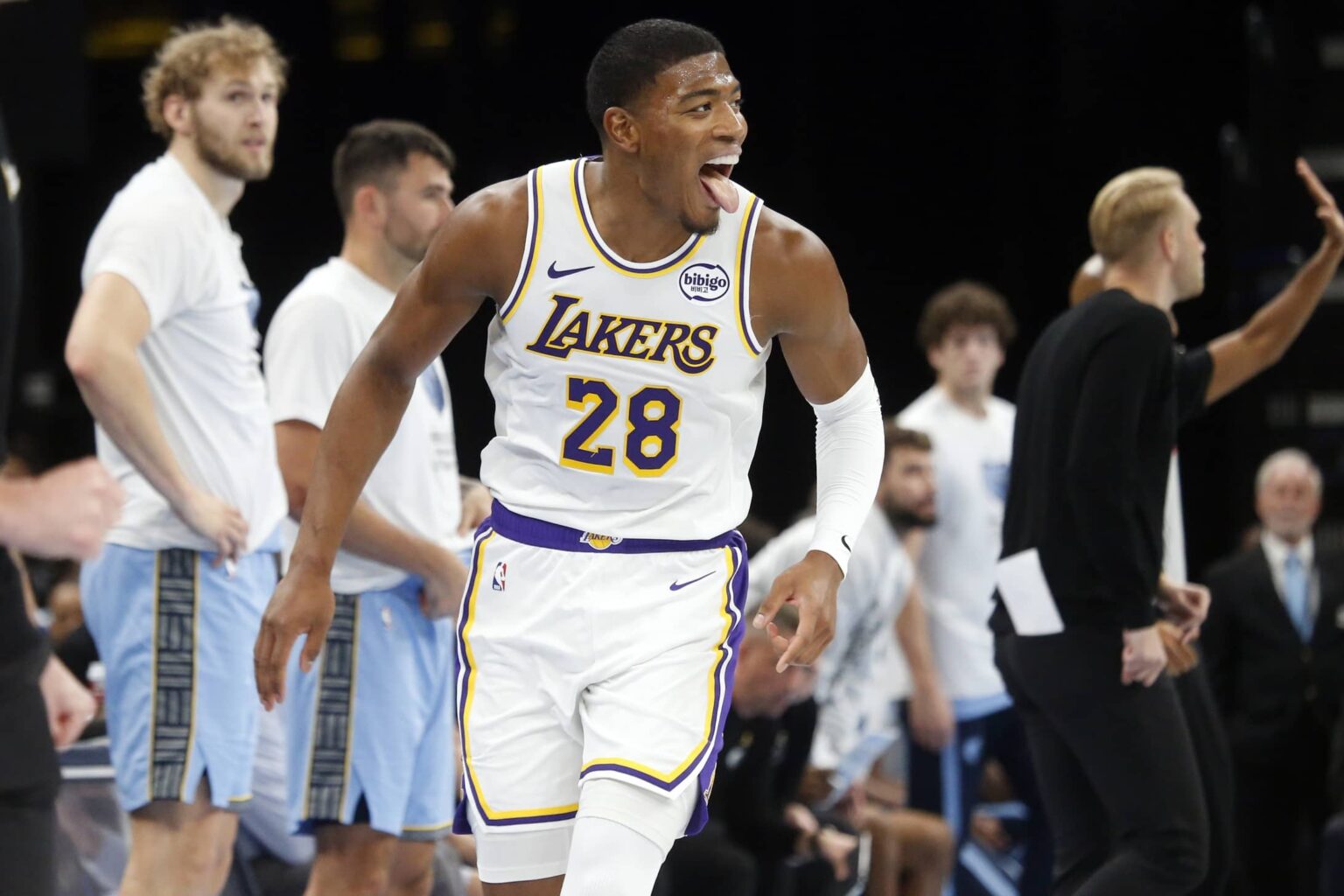 Los Angeles Lakers forward Rui Hachimura (28) reacts during the fourth quarter against the Memphis Grizzlies at FedExForum.