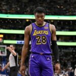 Apr 9, 2025; Dallas, Texas, USA; Los Angeles Lakers forward Rui Hachimura (28) during the game between the Dallas Mavericks and the Los Angeles Lakers at American Airlines Center. Mandatory Credit: Jerome Miron-Imagn Images